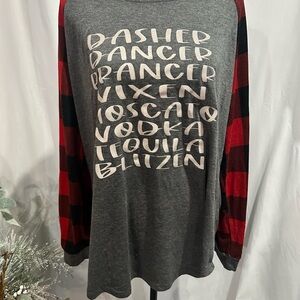 Graphic Long Sleeve Shirt with Red Plaid Sleeves